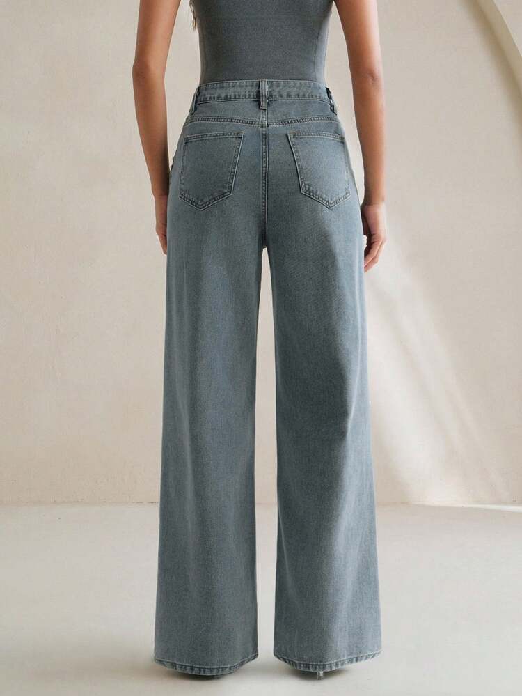 Jeans Elegantes Femininos de Perna Reta com Contas, Perna Larga Solta, Moda, Outono/Inverno