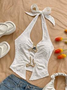 Soleia Nova camisola feminina casual de cor sólida com cadarço e decoração de metal com fenda frontal para resort, uso em camadas no outono/inverno, festa, encontro, dia dos namorados, Páscoa, Carnaval, chá da tarde, passeio na praia, rua da cidade