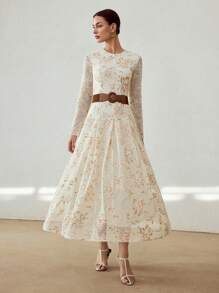 MOTF PREMIUM CONTRAST SEQUIN EMBROIDERY FLORAL PATTERN FLARE HEM LONG DRESS WITHOUT BELT - Apricot - View 6