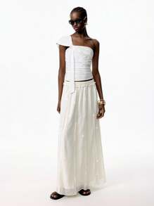 LYSMO 2025 Women's White Beige Elastic Waist Shimmer Sequin Pencil Stripe A-Line Long Skirt,Autumn Boho Beach Holiday Casual Party Leisure Vacation Skirt - Beige - View 5