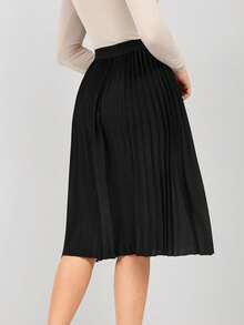 Miaspire Summer Elegant Elastic Waist Pleated Midi Skirt - Black - View 2
