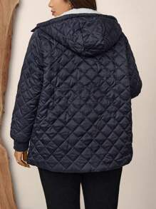 Zelara Abrigo acolchado de polar con estampado de diamante azul marino para mujer de talla grande, chaqueta y parka de invierno gruesa, chaqueta con capucha y cremallera completa acolchada y resistente al agua, chaqueta de invierno de manga larga resistente al viento y al agua, con bolsillos, ropa de moda para mujer de talla grande, abrigo de borreguillo de polar largo y cálido para el invierno