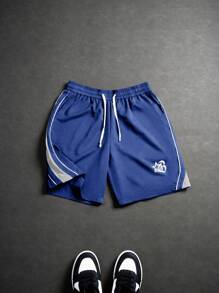 PAVTROS Quần short cạp rút họa tiết ngôi sao năm cánh chắp vá màu tương phản dành cho nam - Xanh đậm - Xem 5