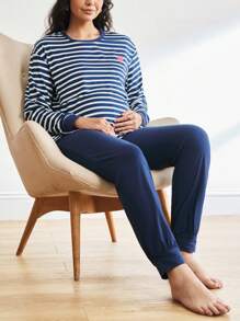 BloomMama 2pcs Maternity Stripe & Heart Print Casual Nursing Pajamas For Pregnant Women, Fall Winter Clothes - Multicolor - View 1