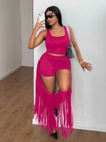 Maweii 2 Stücke Sexy Crop Top in Große Größen mit Quasten-Detail und Oberschenkel-Ausschnitt Design - Heißes Pink - Übersicht 4