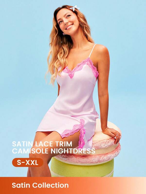 LUVLETTE Lenjerie intimă sexy din satin mătasos, luxoasă, cu dantelă, decolteu în V, cu bretele, camisol, lenjerie intimă, cămașă de noapte aerisită