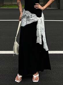 DAZY 女士花卉蕾丝侧结时尚半身裙秋季半身裙 - 米色 - 查看 3