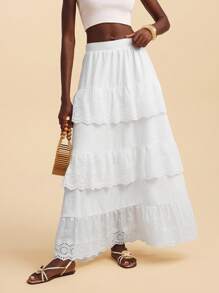 Travachic Women's White Hollow Embroidered Ruffled Hem A-Line Skirt,Summer Boho Beach Holiday Vacation,Spring,Easter,Music Festival, Date Night,Autumn - White - View 7