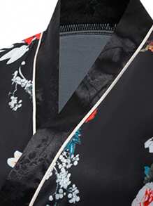 Irokai Floral Print Overlap V-Neck Flare Sleeve  Yukata Kimono/Robe (Without Fan)