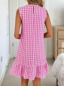Easowa Women's Summer Bohemian Style Bicolor Gingham Round Neck Sleeveless A-Line Holiday Dress, Vacation Dress, Essential Sundress For Outdoor & Everyday Wear 4th Of July Women Outfits Teacher Outfits Boho Women Clothing Gingham Dress Picnic Dress Preppy Dress Pink Gingham Dress Summer Dress Pink Summer Dress Casual Summer Dress Back To School