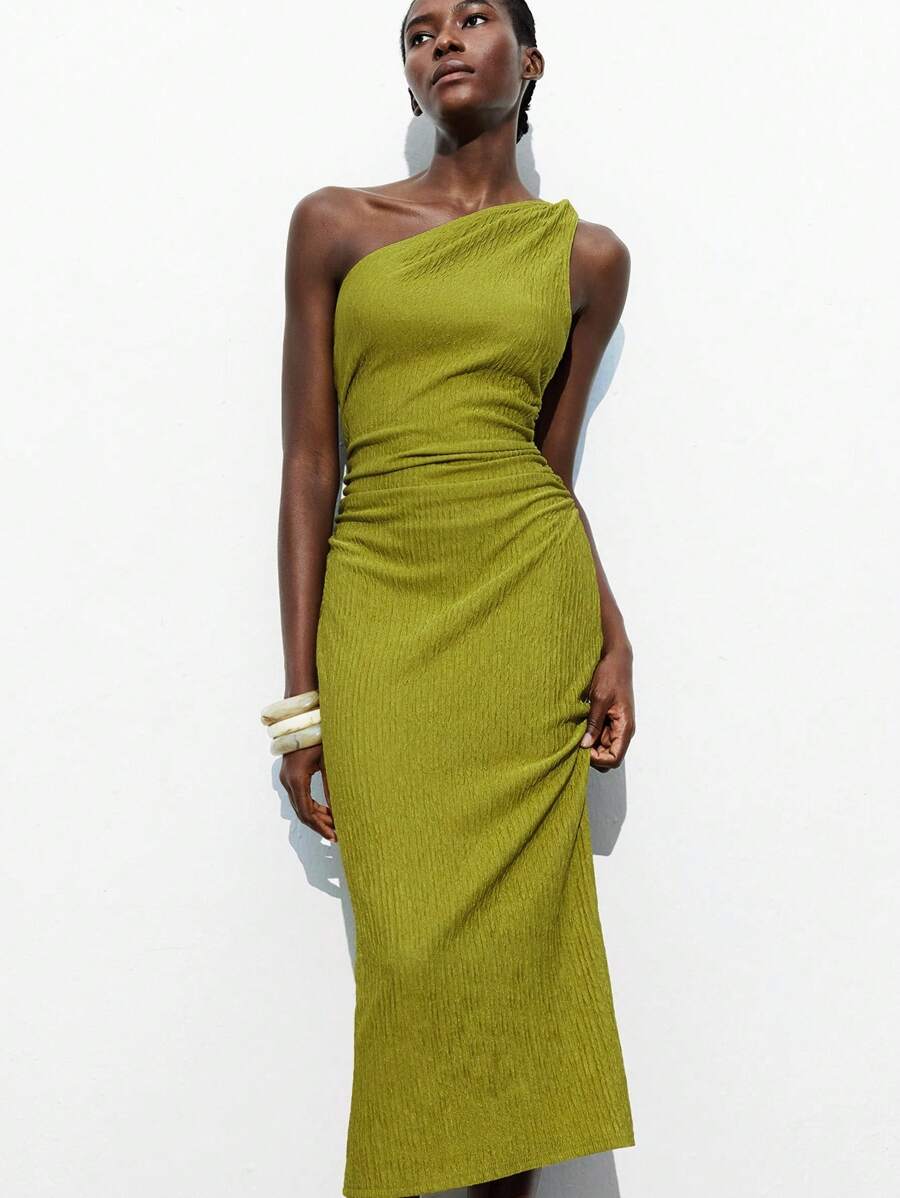 Maija 2025 秋季新款不对称剪裁不对称肩部设计扭曲纹理弹力针织女装连衣裙，现代优雅都市浪漫精致乡村音乐节复古机场旅行街头风格婚礼嘉宾生日万圣节商务休闲办公室约会派对郊游机场返校秋季连衣裙，性感 - 綠色 - 查看 1