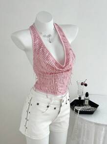 SHEIN Unity 女式性感亮片流苏露背吊带背心，夏季 - 粉色 - 查看 4