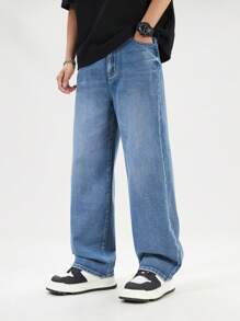 SHEIN Jeans casual e versatili per ragazzi adolescenti, capo di moda semplice e comodo, pantaloni in denim con gamba ampia e vestibilità comoda, lavaggio dell'acqua, effetto slavato e strappato, colore nero