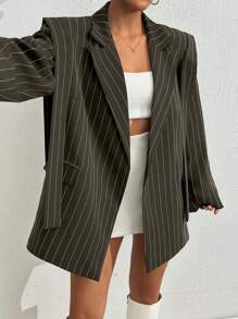 EURMUSE Women's Navy Striped Casual Blazer Jacket - Army Green - View 4