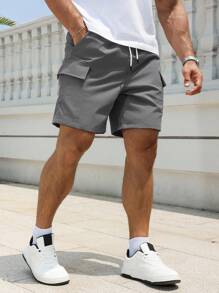 Manfinity Homme 男士夏季休闲翻盖口袋抽绳腰工装短裤 - 深灰色 - 查看 1