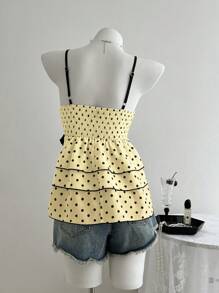 SHEIN Unity 可爱甜美波尔卡圆点撞色蕾丝修身多层荷叶边吊带背心，夏季 - 黃色 - 查看 2