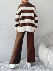 EURMUSE Women's Polo Collar Stripe Sweater And Pants Two Piece Set - Chocolate Brown - View 2