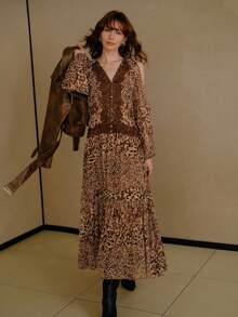 MOTF PREMIUM LEOPARD PRINT COLD SHOULDER LANTERN SLEEVE LACE TRIM FLOWY HEM LONG DRESS - Multicolor - View 6