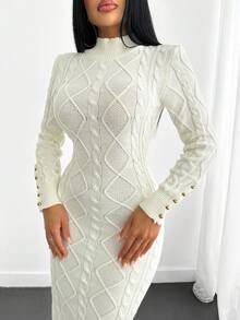 EURMUSE Women's Elegant And Fashionable Turtleneck Cable Knit Thick Short Sweater And Sweater Pant 2pcs Set Cream Knit Dress Cable Knit Dress White Knit Dress Fitted Knit Dress Elegant Knit Dress White Cable Knit Dress,Winter Dresses - White - View 5