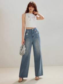 MOTF PREMIUM 女士蓝色水洗水钻度假牛仔裤 - 藍色 - 查看 1