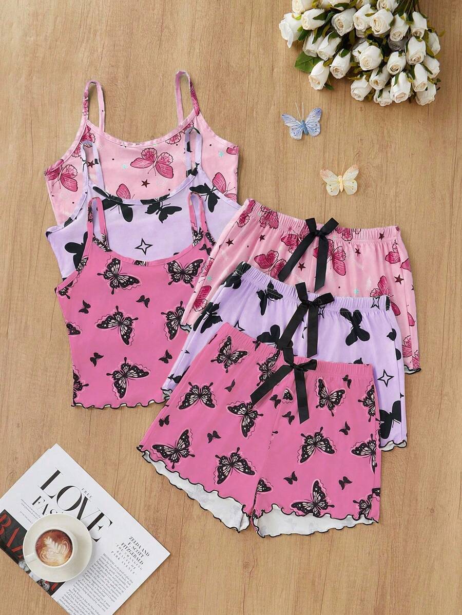 SHEIN 3pcs Set Young Women Casual Butterfly Print Camisole Shorts Pajama Set, Multi-Color Butterfly Pajama Set Two Piece Sleepwear Set Summer Pajama Set Lingerie Sleep Set Bow Pajama Set