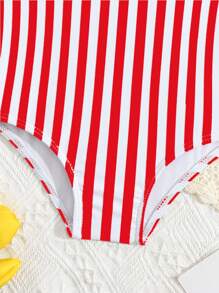 SHEIN Baby Girls Beachwear One-Piece Swimsuit, Digital Polyester Striped & Floral Print Fashionable & Cute For Summer Swimming - Red - View 3