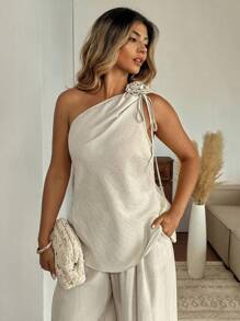 SHEIN Clasi 2pcs Plus Size Women Peach Summer Casual Elegant Tropical Tea Party Holiday Linen-Like Loose Shoulder Top With Floral Decor & Wide Leg Pants Set - Apricot - View 6
