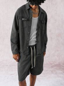 Manfinity EMRG 2pcs Men's Casual Denim Long Sleeve Shirt And Shorts Set, Fashion & Versatile Men Denim Set Men Shorts Set Boyfriend & Husband Washed Black Loose Wide Leg For Vacation