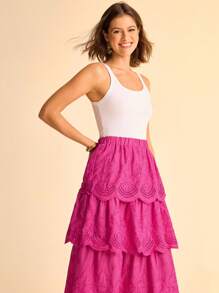 CAJUNI Women's Casual Vacation Rose Red Three-Layer Cake Ruffle Hem Skirt Embroidered Skirt Bohemian Women's Cute Birthday Skirt Country Concert - Hot Pink - View 3