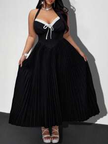 Flirla Plus Size Tie Bow Contrast Color Block Ruched A-Line Elegant Vacation Party Club Little Black Dress - Black - View 1