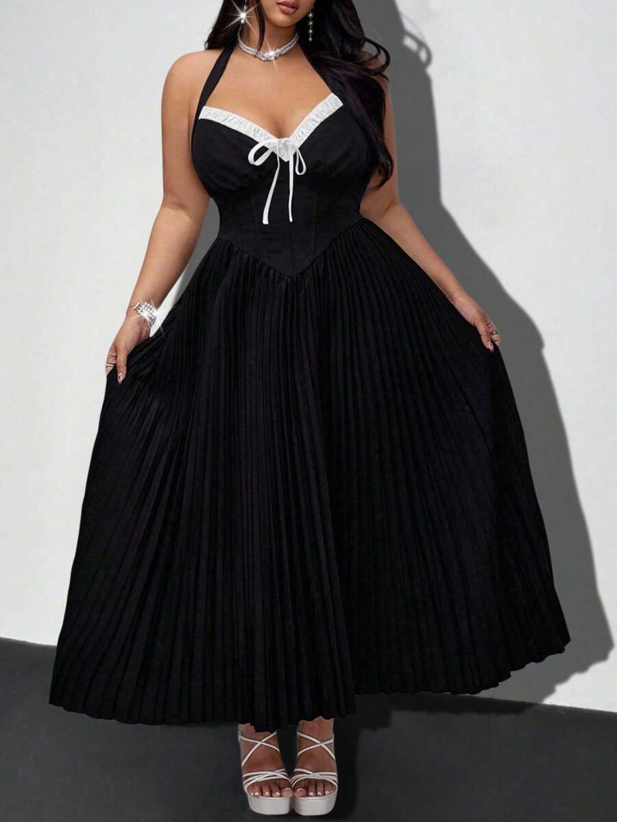 Flirla Plus Size Tie Bow Contrast Color Block Ruched A-Line Elegant Vacation Party Club Little Black Dress - Black - View 1