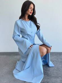 Firerie 女士新款优雅通勤休闲日常旅行假日蓝色长款喇叭袖前开扣 A 字长裙，复古腰部 A 字浪漫连衣裙，适合日常通勤、优雅、波西米亚风、工作装 - 藍色 - 查看 5