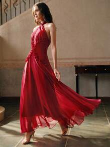 Anewsta 性感派对交叉领口荷叶边下摆露背紧身连衣裙 - 紅色 - 查看 1