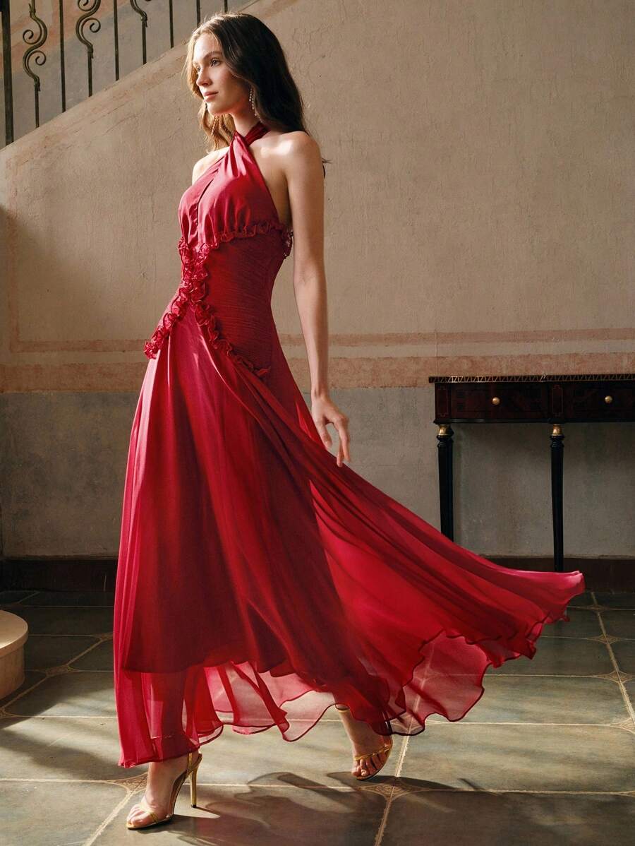 Anewsta 性感派对交叉领口荷叶边下摆露背紧身连衣裙 - 紅色 - 查看 1