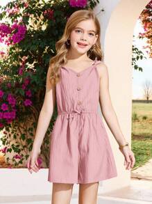 SHEIN Tween Girls Twist Vest-Style Casual Jumpsuit With Front Buttons Decorated In Woven Texture Material, Suitable For Spring Outings, Pastoral Style, Garden Afternoon Tea, Casual Outings - Baby Pink - View 10