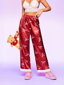 Notgurli Women's Bow & Polka Dot Print Contrast Lace Pajama Pants, Loungewear Bottom - Burgundy - View 1