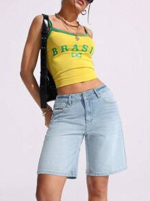 SHEIN ICON 女士纯色口袋设计休闲夏季牛仔短裤 - 淺色水洗藍 - 查看 1