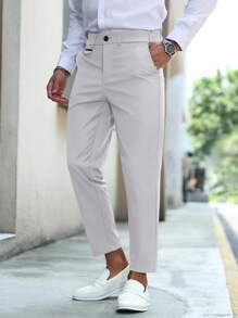 Calvornis Men's Solid Color Pockets Straight Loose Casual Pants For Ceremony, Formal - Light Grey - View 5