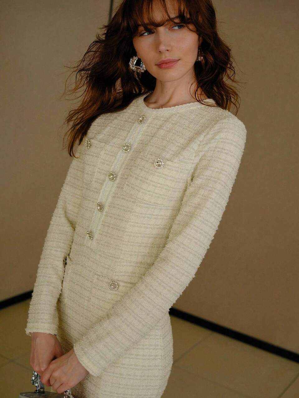 TWEED BUTTON DECOR BIAS CUT DRESS