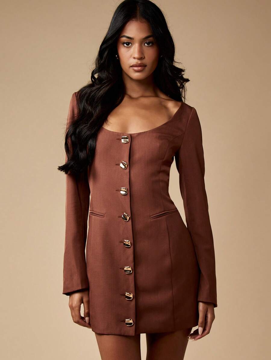 MISSGUIDED Button Front Long Sleeve Mini Dress Square Neck Bodycon Dress Fall Winter Professional Office Wear Blazer Style Tailored Dress Executive Business Attire - Brown - View 1