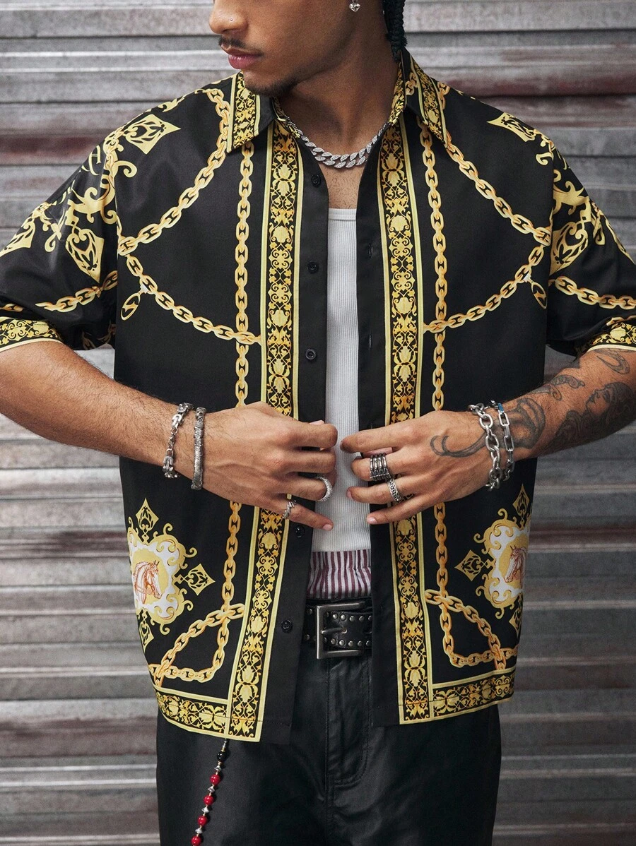 AXEPEAK 男士夏季度假休闲链条印花落肩宽松衬衫