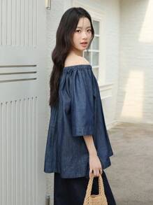 SHEIN EZwear 女士秋季休闲蝙蝠袖宽松牛仔上衣，韩版风格，返校季，秋季，复古富贵风 - 中等水洗藍 - 查看 1