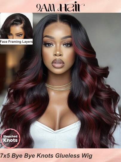 Face Framing Layers Loose Wave Wig 7x5 Golden Ratio Large Lace Pre Cut Pre Bleached Hairline Pre Plucked Glueless Wig Human Hair Ready To Wear Bye Bye Knots Funky Color Zero Glue Rich Black Base Paired With Striking 99J Burgundy Highlights