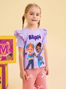 Blippi X SHEIN 2pcs/Set Young Girl Cartoon Star Letter Graphic Loose Raglan Short Sleeve Ruffle Trim T-Shirt - Multicolor - View 4