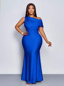 SOLERSUN 夏季女装大码婚礼派对优雅杏色针织闪亮面料不对称露肩无袖拼接收腰修身鱼尾裙长款连衣裙 - 寶藍色 - 查看 1