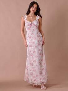 Enchnt 夏秋季浪漫女士粉色印花荷叶边露肩心形领无袖鱼尾长裙 - 彩色 - 查看 3