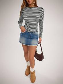 SHEIN Forever 21 女式条纹船领长袖修身休闲T恤 - 灰色 - 查看 4