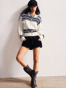 Bohemela 费尔岛针织复古纽扣宽松开衫 - 杏色 - 查看 6