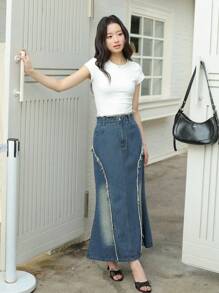 K-Vae Women's Autumn Pocket Raw Edge Fishtail Hem Casual Denim Skirt, Retro Old Money Style,Korean Style,Homecoming Dress,Fall Outfits For Women, Old Money Style Women