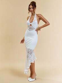 SHEIN BAE Women's White Halter Ruched Bust Semi-Sheer Flared Hem Sexy Elegant Lace Patchwork Knit Dress - White - View 5